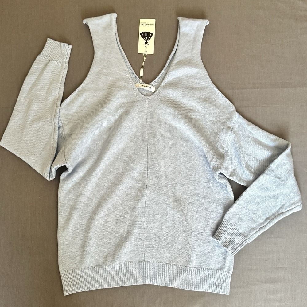 Womens‎ V Neck Cold Shoulder Blue Sweater Minimalist Chic Casual Size Large